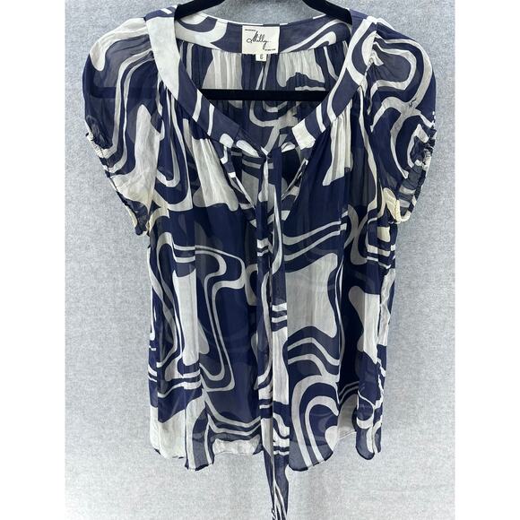 Milly New York Women's sz 6 Navy & White Blouse Sheer Nautical - Picture 2 of 8